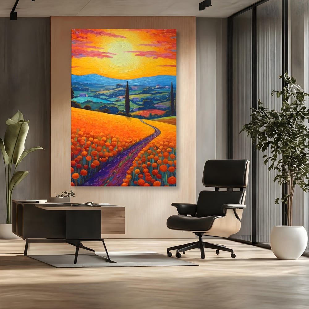 Tablou canvas cu pictura peisaj cu drum si chiparos, fara rama, pe sasiu de lemn, pe perete intr-un birou